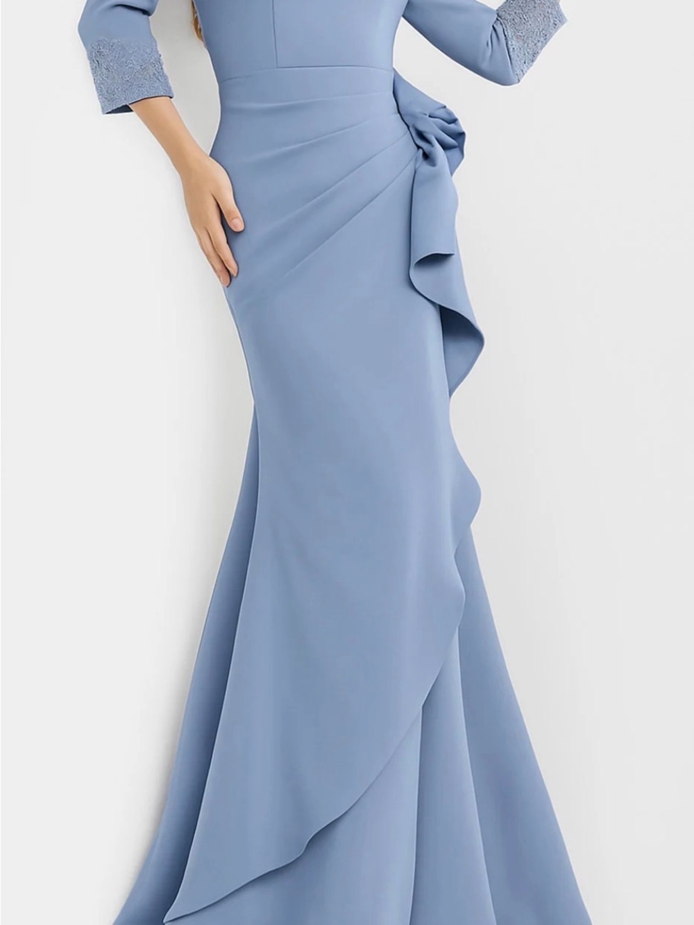 Jovani Dusty Blue Mermaid Gown with Side Cascade